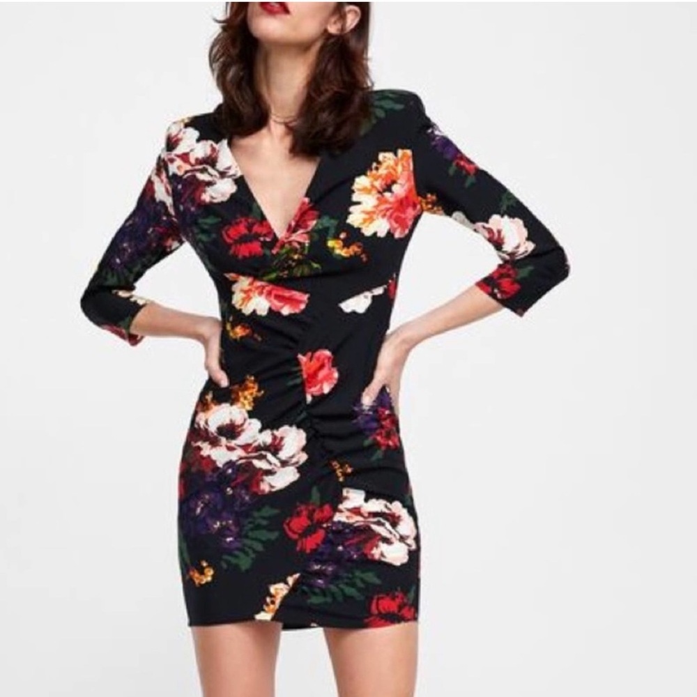 Zara Roses Print Floral Ruched Faux Wrap Mini Dress Stretch Black Red Goth XS